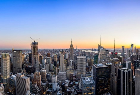 View of Midtown and Downtown Manhattan and Empire State Building from Top of the Rock Observation Center at sunset