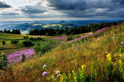 View from the Wasserkuppe to the hilly landscape at sunset