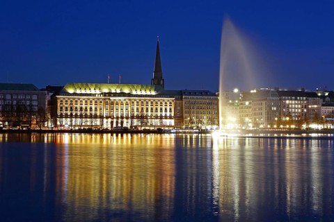 Inner Alster Lake with Alster fountain at the blue hour