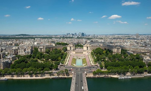 View from the Eiffel Tower to the Jardins du Trocadero with bridge Pont d'Iena and river Seine