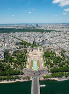 View from the Eiffel Tower to the Jardins du Trocadero with bridge Pont d'Iena and river Seine