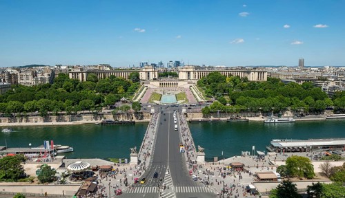 View from the Eiffel Tower to the Jardins du Trocadero with bridge Pont d'Iena and river Seine