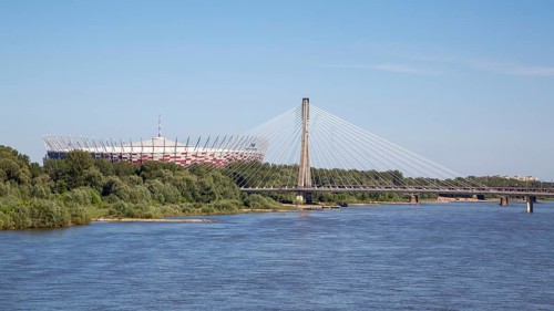Narodowy Stadium or National Stadium and Åšwietokrzyski Bridge over the Vistula River