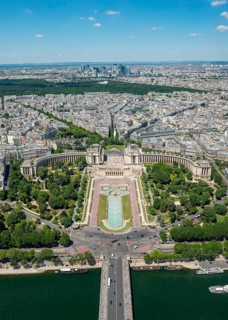 View from the Eiffel Tower to the Jardins du Trocadero with bridge Pont d'Iena and river Seine