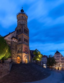 St. Michael with large open stairs at dusk