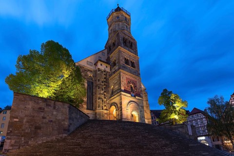 St. Michael with large open stairs at dusk