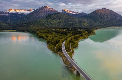Sylvenstein lake and Faller-Klamm bridge at sunset