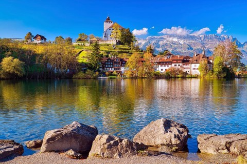 Werdenberg Castle with old town at Werdenbergersee lake