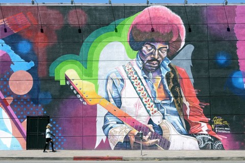 Life-sized mural with Jimi Hendrix at the Guitar Center music store