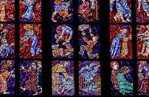 Stained-glass windows with Christian motifs