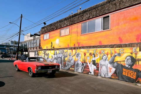 Chevrolet Camaro cabriolet in front of a mural Fitness