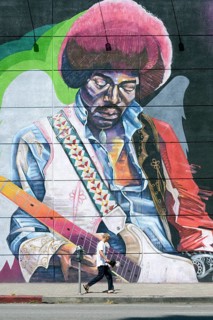 Life-sized mural with Jimi Hendrix at the Guitar Center music store