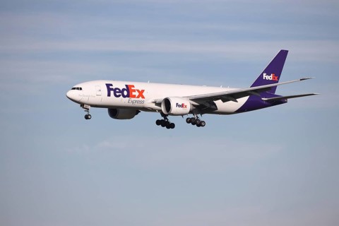 FedEx airplane landing at the Liege Airport