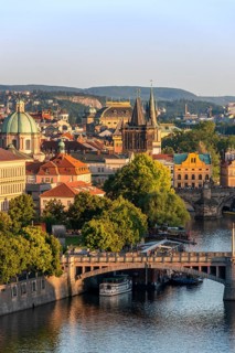 City view with bridges over river Vltava with Old Town bridge tower