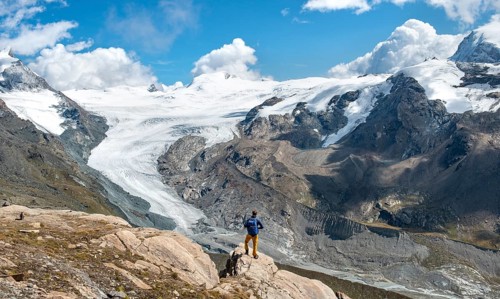 Hiker looks from the mountain Unterrothorn onto the glacier tongue of the Findel Glacier