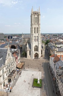 View from Belfort Tower to Sint Baafsplein Square and Saint Bavo Cathedral