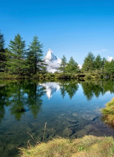 Snow-covered Matterhorn reflected in the lake