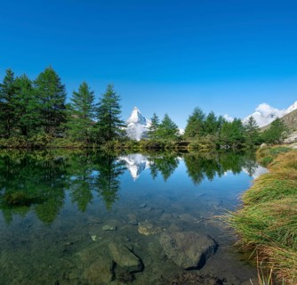 Snow-covered Matterhorn reflected in the lake