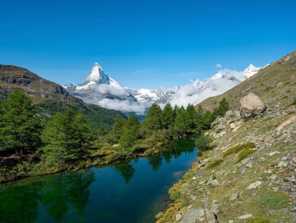 View over Lake Grindij with snow-covered Matterhorn
