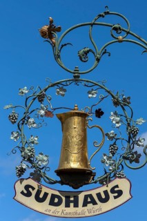 Hanging shop sign with golden beer mug