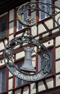 Hanging shop sign with beer mug of an inn