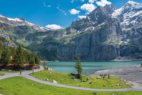 Mountain landscape on Lake Oeschinen with Blueemlisalp