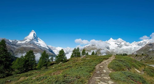 View of the snow-covered Matterhorn and surrounding mountains