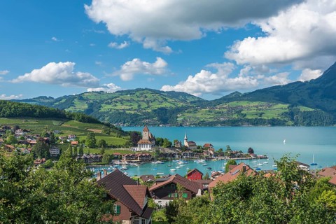 Lake Thun with townscape of Spiez