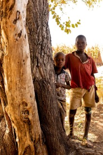 Two native boys stand next to tree trunk
