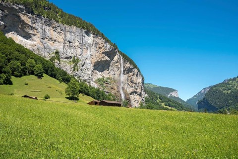 Mountain landscape in the Lauterbrunnen Valley with Staubbach Falls