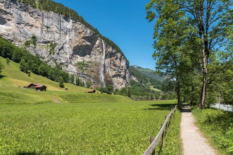 Mountain landscape in the Lauterbrunnen Valley with Staubbach Falls
