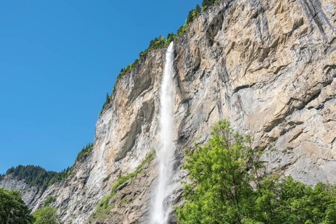Staubbach Falls tumbling down from a high rock face