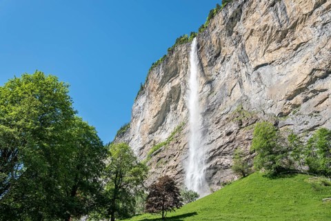 Staubbach Falls tumbling down from a high rock face