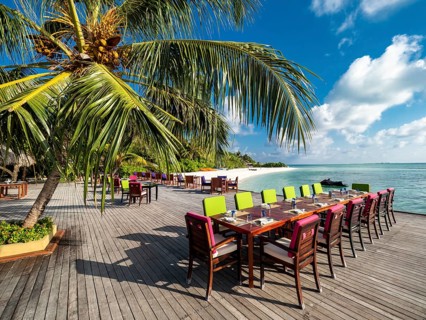 Table with place settings in tourist resort