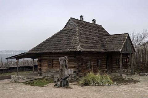 Wooden house in museum of Zaporizhian Cossacks Zaporizhian Sich of Khortytsia