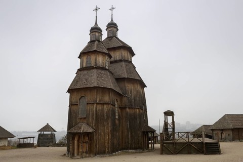 Wooden Orthodox Church in museum of Zaporizhian Cossacks Zaporizhian Sich of Khortytsia
