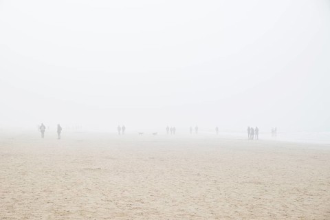Beach with people in fog