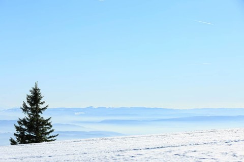View from the snow-covered summit of the Belchen to mountain ranges and alpine chain Black Forest
