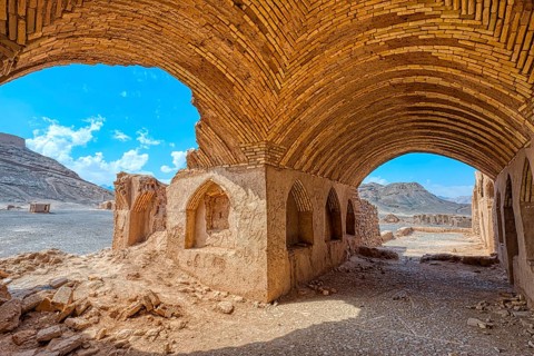 Ruins of ritual buildings near Dakhmeh Zoroastrian Tower of Silence