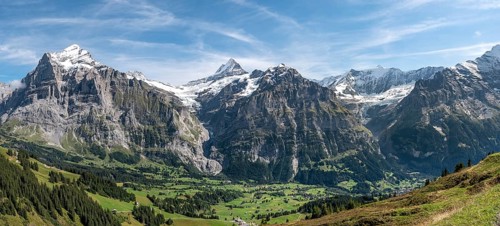 View of snow-covered Fiescherhorn and Wetterhorn