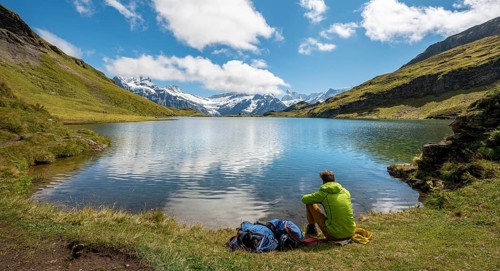 Hiker with backpack at Bachalpsee