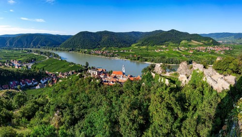 View from the ruins of Duernstein to Duernstein Monastery with the Danube