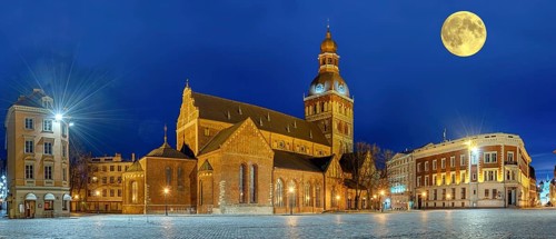 Riga Cathedral at night with full moon