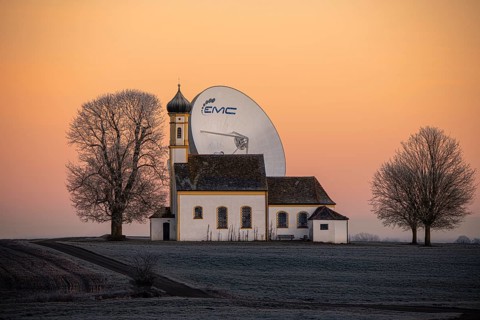 Chapel St. Johann with parabolic antenna at blue hour