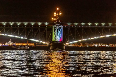 Opened Trinity Bridge over the river Neva at night