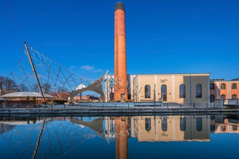 Boiler house with chimney at Mangfall Canal