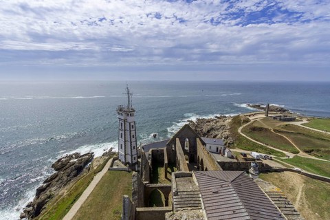View from the lighthouse Saint Mathieu to the military lighthouse and the abbey ruins
