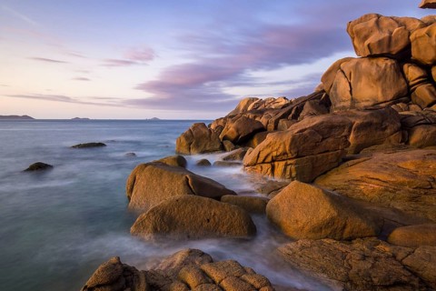 Pink granite coast in the evening