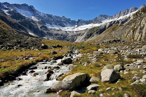 Damma glacier in front of a torrent in autumnal surroundings