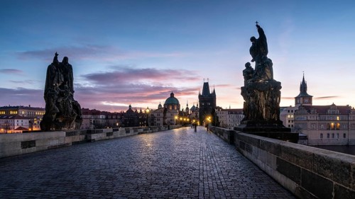 Charles Bridge in the morning at sunrise